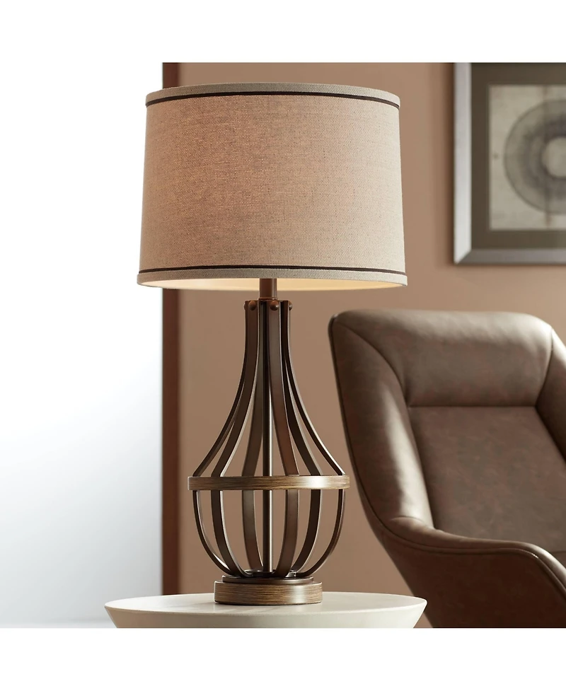 Franklin Iron Works Louanne Industrial Table Lamp 29" Tall Oil Rubbed Bronze Metal Burlap Linen Drum Shade for BBedroom Living Room Bedside Night