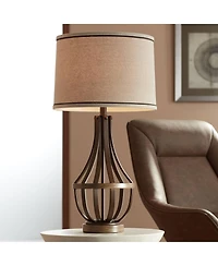 Franklin Iron Works Louanne Industrial Table Lamp 29" Tall Oil Rubbed Bronze Metal Burlap Linen Drum Shade for BBedroom Living Room Bedside Night