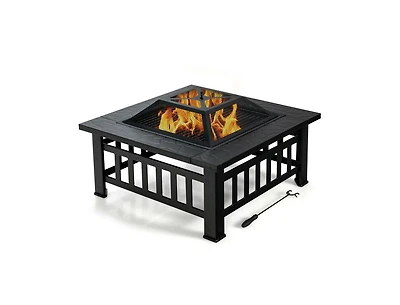 32 Inch 3 in 1 Outdoor Square Fire Pit Table with Bbq Grill and Rain Cover for Camping