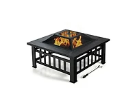 32 Inch 3 in 1 Outdoor Square Fire Pit Table with Bbq Grill and Rain Cover for Camping