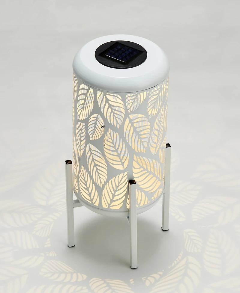 Glitzhome 14.25" H Metal Cutout Leaves Pattern Solar Powered Led Outdoor Lantern with Stand