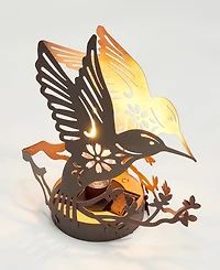 Glitzhome 9.75" H Black and Gold-Tone Metal Cutout Flying Hummingbird Silhouette Solar Powered Edison Bulb Outdoor Lantern