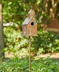 Glitzhome 53"H Farmhouse Faux Copper Distressed Metal Church Outdoor Decorative Garden Birdhouse with Stake