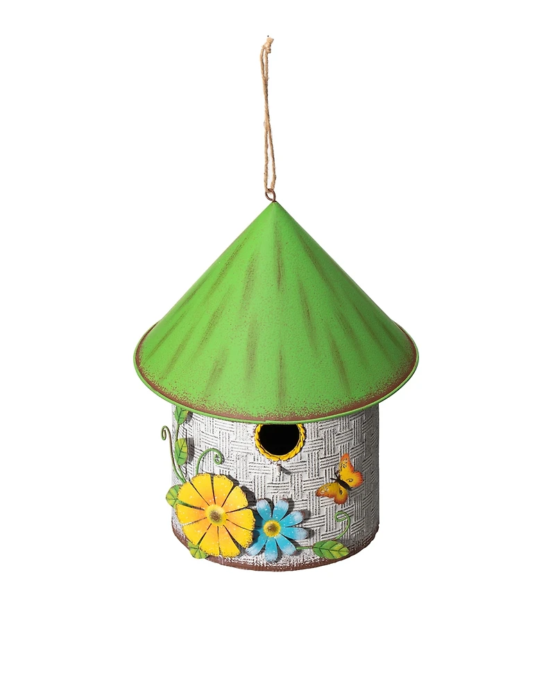 Glitzhome 11" H Stylish Distressed Metal Cottage Decorative Birdhouse with a Cluster of 3D Flowers and Butterfly