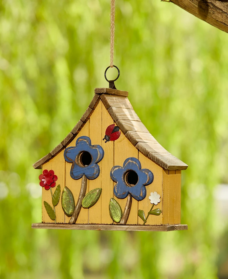 Glitzhome 10.5" H Washed Distressed Solid Wood Two-Story Townhouse Garden Birdhouse with 3D Flowers