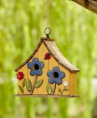 Glitzhome 10.5" H Washed Distressed Solid Wood Two-Story Townhouse Garden Birdhouse with 3D Flowers