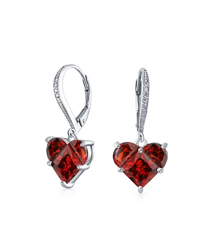 Bling Jewelry 4CT Cz Red Heart Shaped Cubic Zirconia Dangle Lever back Earrings Invisible Cut Sterling Silver