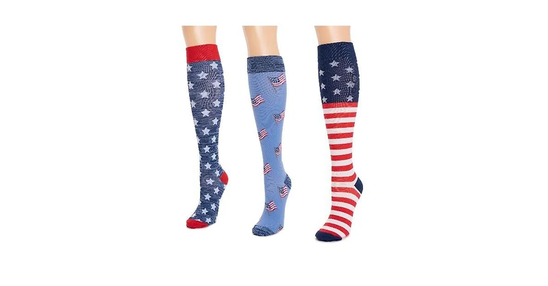 Muk Luks Men's Unisex 3 Pack Nylon Compression Knee-High Socks, Red/White/Blue, One Size