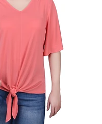 Ny Collection Petite Elbow Sleeve Tie-Front Top