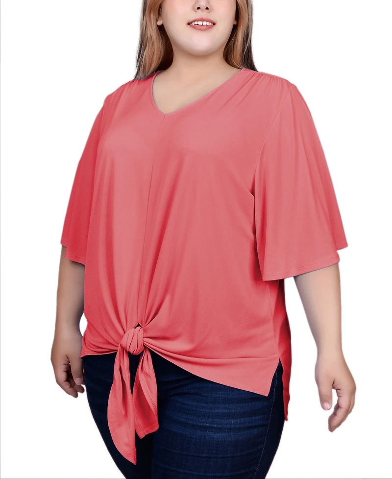 Ny Collection Plus Elbow Sleeve Tie-Front Top