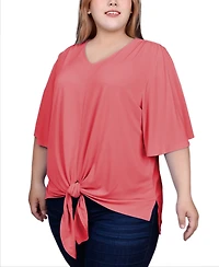 Ny Collection Plus Elbow Sleeve Tie-Front Top