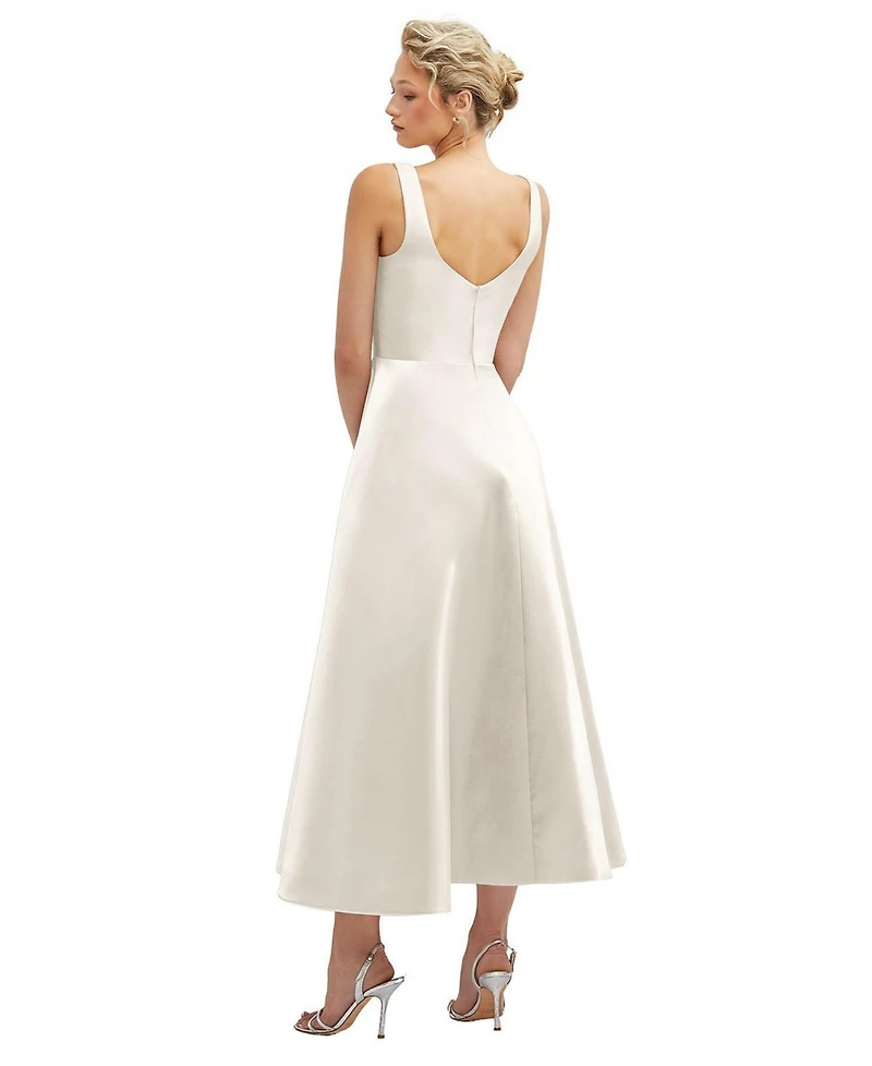 Square Neck Satin Midi Dress with Full Skirt & Pockets