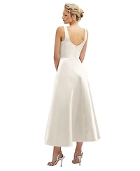 Square Neck Satin Midi Dress with Full Skirt & Pockets
