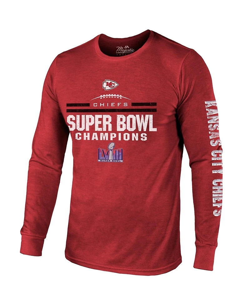 Men's Majestic Red Kansas City Chiefs Super Bowl Lviii Champions Tri-Blend Long Sleeve Hit T-shirt