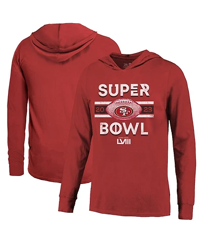 Men's Majestic Threads Scarlet Distressed San Francisco 49ers Super Bowl Lviii Tri-Blend Soft Hand Long Sleeve Hoodie T-shirt