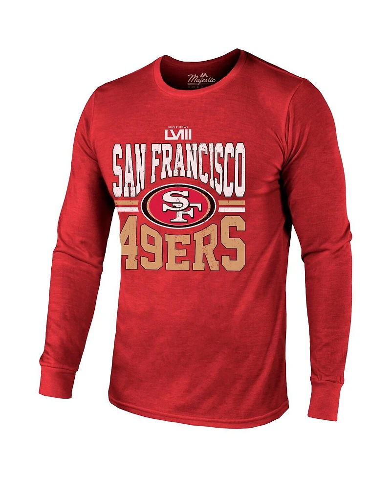 Men's Majestic Threads Scarlet San Francisco 49ers Super Bowl Lviii Tri-Blend Long Sleeve T-shirt