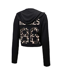 Women's Majestic Threads Jack Hughes Black New Jersey Devils Leopard Print Name and Number Cropped Pullover Hoodie