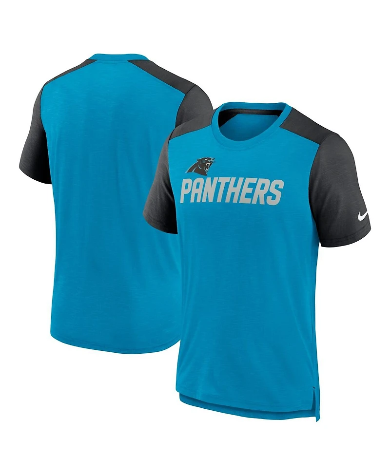 Men's Nike Heathered Blue, Black Carolina Panthers Color Block Team Name T-shirt