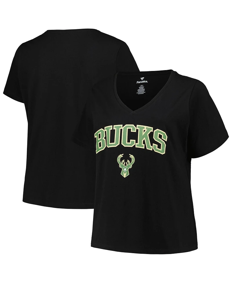 Women's Profile Black Milwaukee Bucks Plus Size Arch Over Logo V-Neck T-shirt