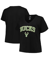 Women's Profile Black Milwaukee Bucks Plus Size Arch Over Logo V-Neck T-shirt