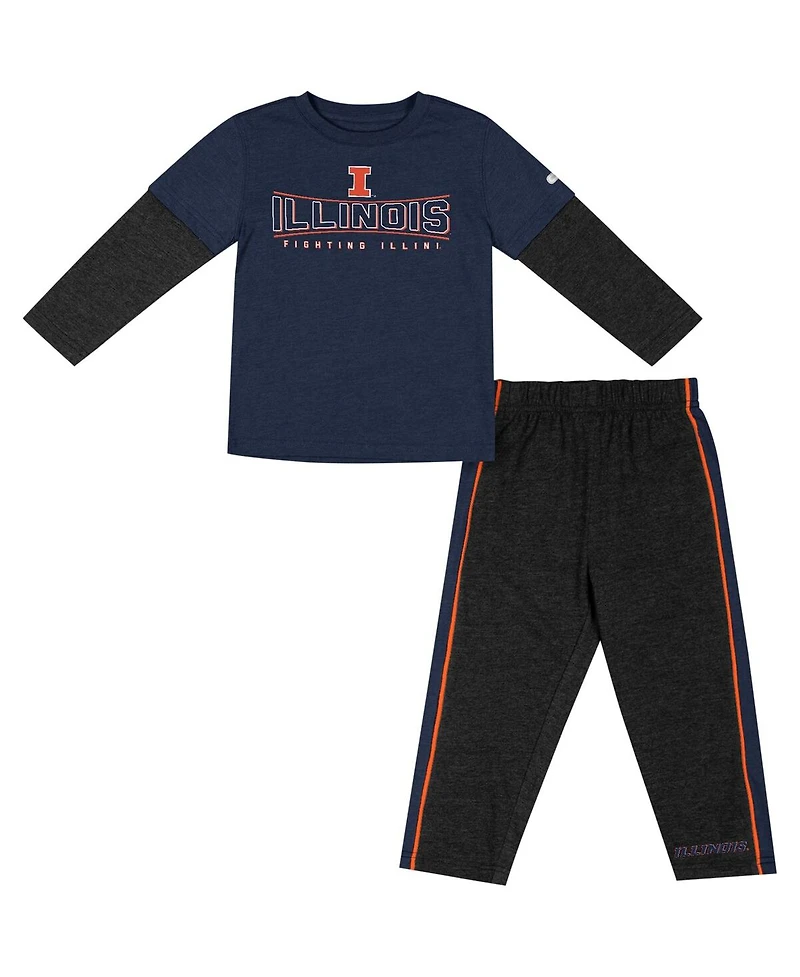 Toddler Boys and Girls Colosseum Navy, Black Illinois Fighting Illini Long Sleeve T-shirt Pants Set