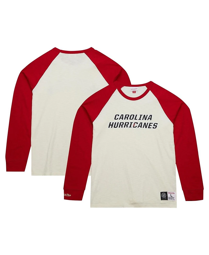 Men's Mitchell & Ness Cream Distressed Carolina Hurricanes Legendary Slub Vintage-Like Raglan Long Sleeve T-shirt