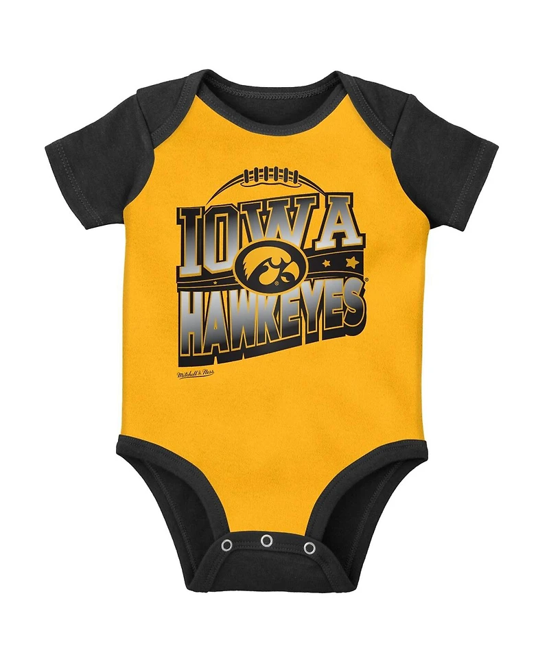 Baby Boys and Girls Mitchell Ness Black, Gold Iowa Hawkeyes 3-Pack Bodysuit, Bib Bootie Set
