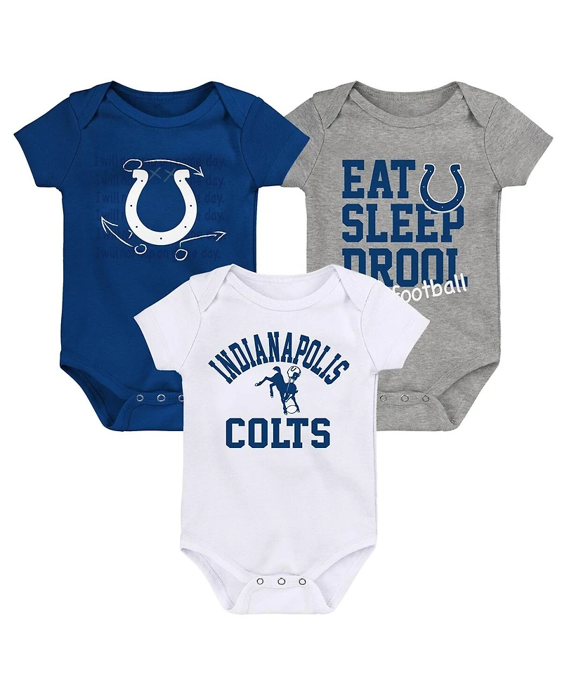 Baby Boys and Girls Royal, White, Heather Gray Indianapolis Colts Three-Pack Eat, Sleep and Drool Retro Bodysuit Set