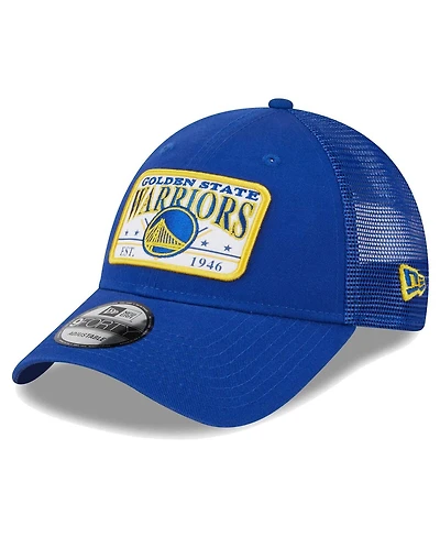 Men's New Era Royal Golden State Warriors Plate Oversized Patch Trucker 9FORTY Adjustable Hat