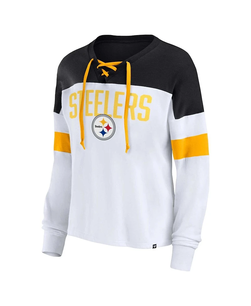 Women's Fanatics White, Black Pittsburgh Steelers Plus Size Even Match Lace-Up Long Sleeve V-Neck Top