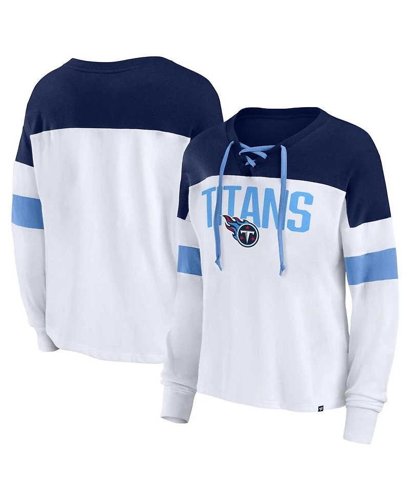 Women's Fanatics White, Navy Tennessee Titans Plus Size Even Match Lace-Up Long Sleeve V-Neck T-shirt