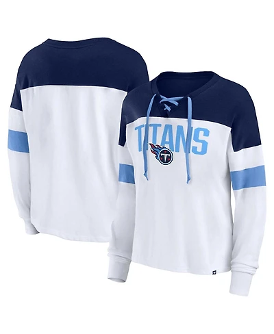 Women's Fanatics White, Navy Tennessee Titans Plus Size Even Match Lace-Up Long Sleeve V-Neck T-shirt