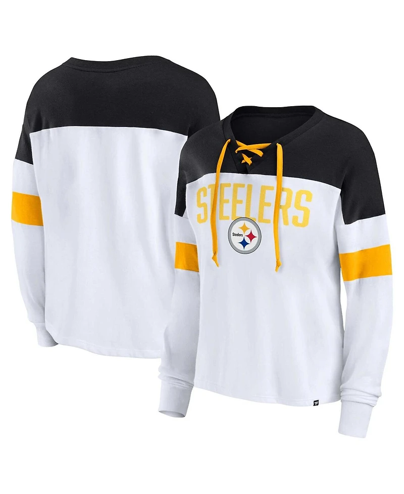 Women's Fanatics White, Black Pittsburgh Steelers Plus Size Even Match Lace-Up Long Sleeve V-Neck Top