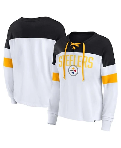 Women's Fanatics White, Black Pittsburgh Steelers Plus Size Even Match Lace-Up Long Sleeve V-Neck Top