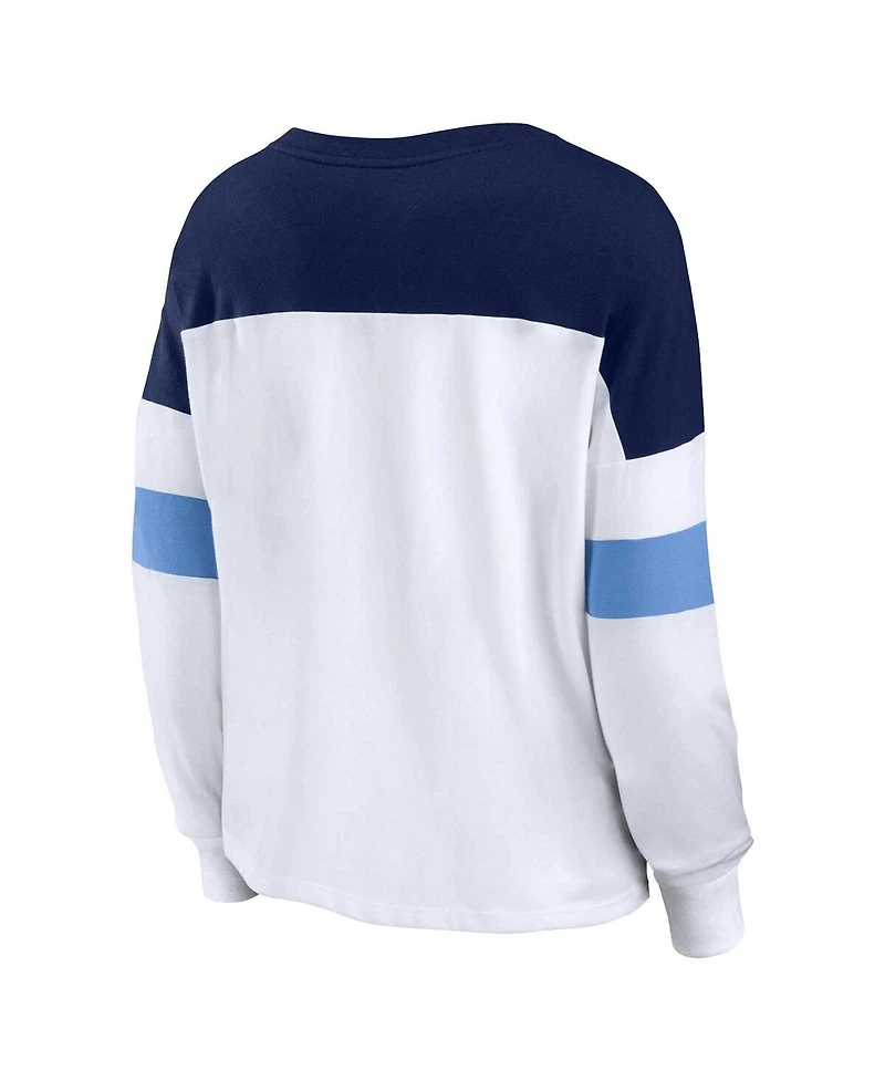 Women's Fanatics White, Navy Tennessee Titans Plus Size Even Match Lace-Up Long Sleeve V-Neck T-shirt