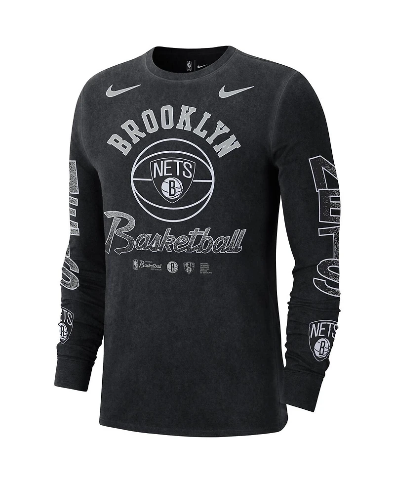 Men's Nike Black Distressed Brooklyn Nets Courtside Retro Elevated Long Sleeve T-shirt