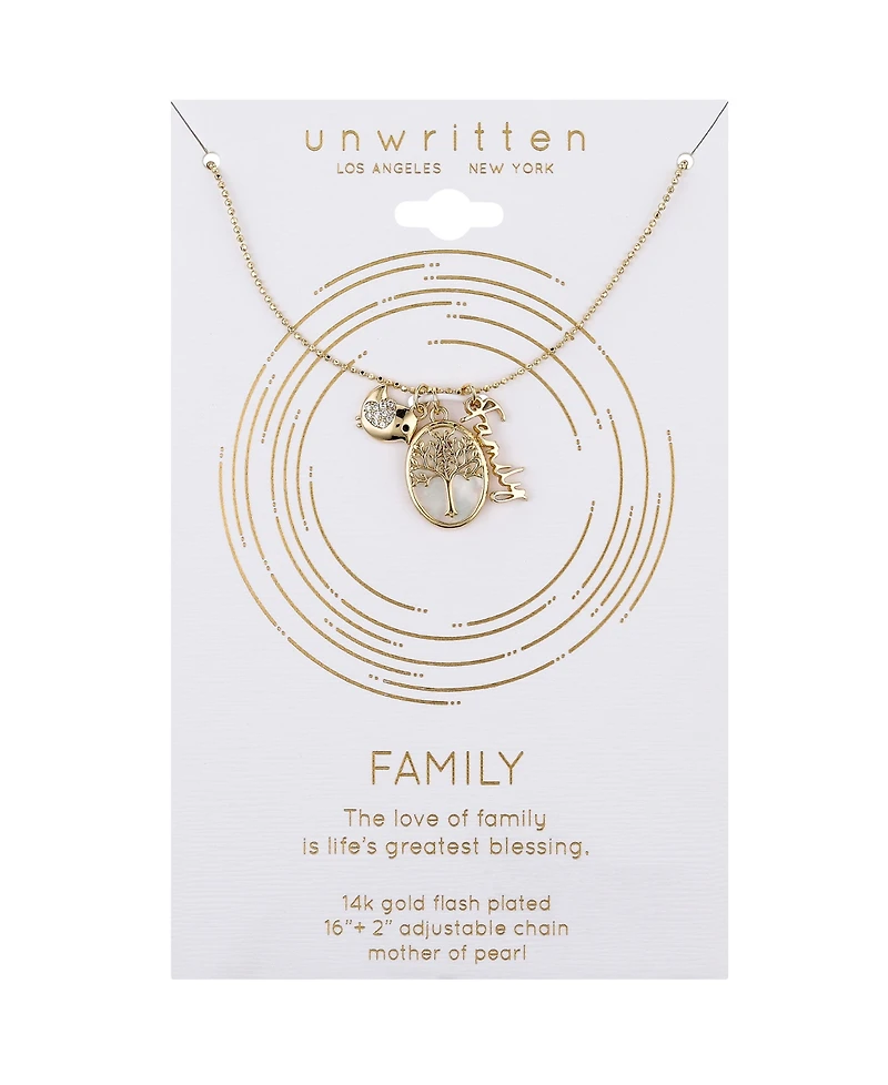 Unwritten Cubic Zirconia Bird, Mother of Pearl Tree, 14K Gold Plated Family Pendant Necklace