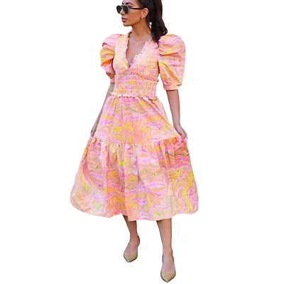 Jessie Zhao New York Astrid Marble Smocked Midi Dress