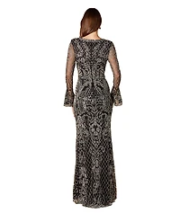 Lara Women's Long Bell sleeve V-neck Beaded Gown