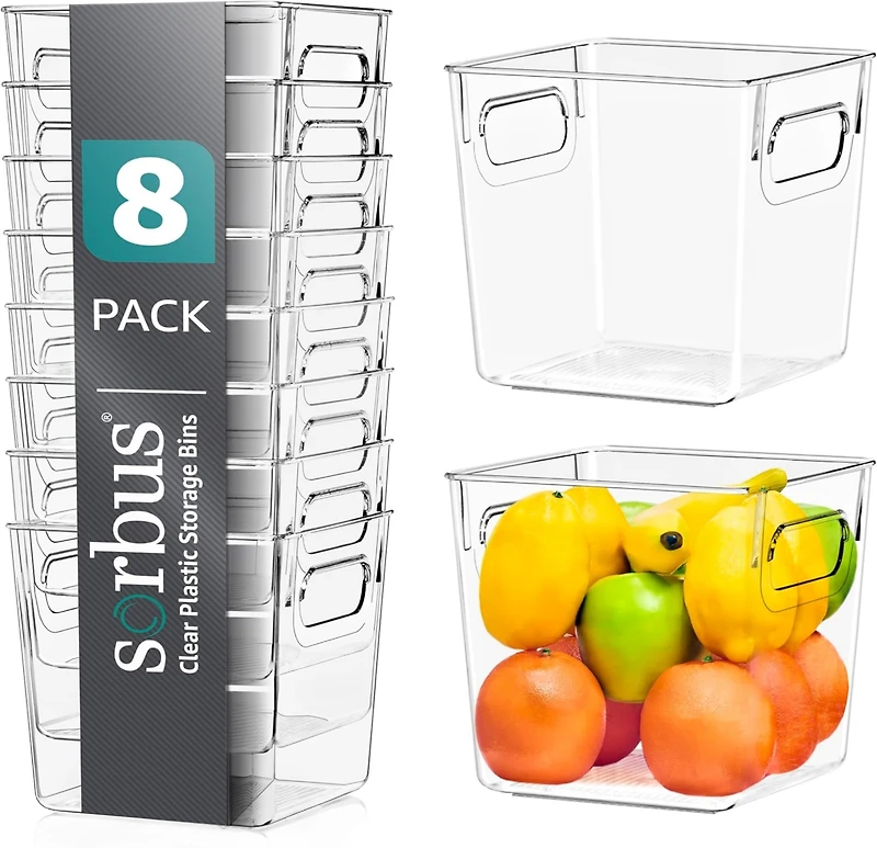 Sorbus 8 Pack Small Clear Storage Bins with Handles - for Kitchen, Cabinet Organizer, Pantry & Refrigerator