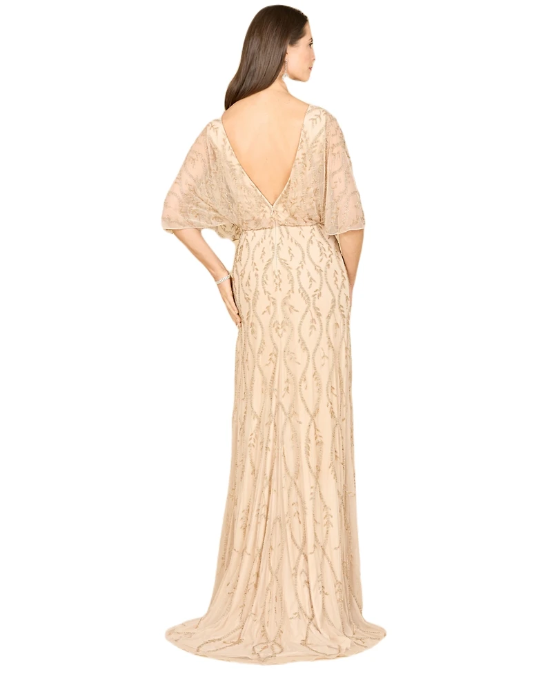 Women's Illusion Cape Sleeve Beaded Gown