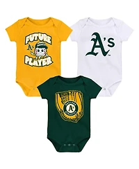 Baby Boys and Girls Gold, Green, White Oakland Athletics Minor League Player Three-Pack Bodysuit Set