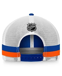 Men's Fanatics Royal, White New York Islanders Fundamental Striped Trucker Adjustable Hat