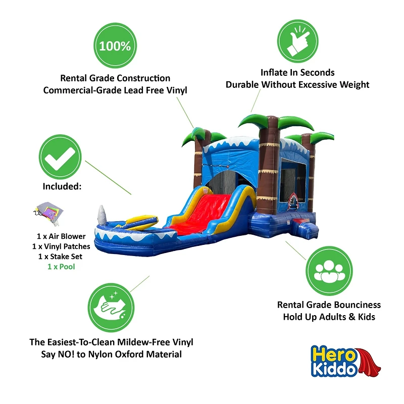 HeroKiddo Ocean Shark Commercial Grade Bounce House Water Slide with Splash Pool for Kids and Adults (with Blower), Basketball Hoop, Outdoor Indoor, W