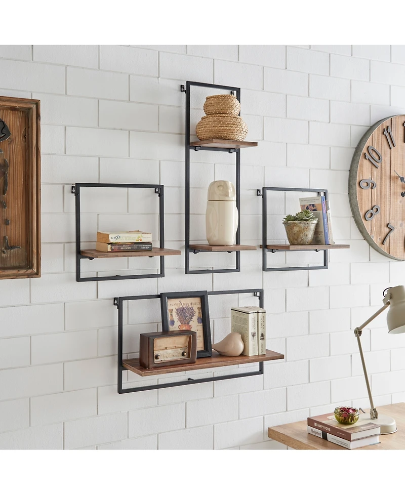 Danya B Framed Wall Art 4-Piece Modern Shelf Set, Black Metal Frame and Rustic Distressed Mdf Shelves