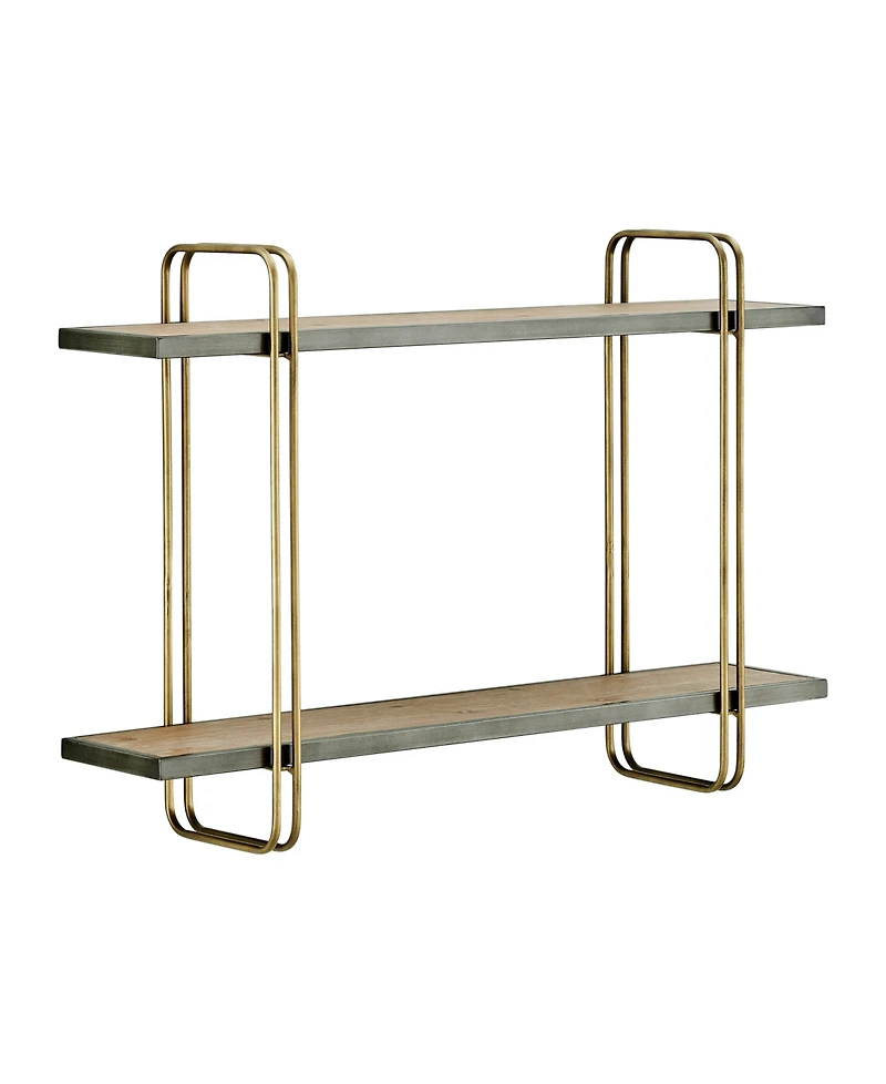 Danya B Two-Tier Warm Gold-Tone and Washed Oak Brown Metal Hanging Bracket Wall Mounted Shelf