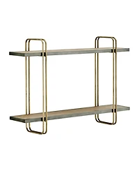 Danya B Two-Tier Warm Gold-Tone and Washed Oak Brown Metal Hanging Bracket Wall Mounted Shelf
