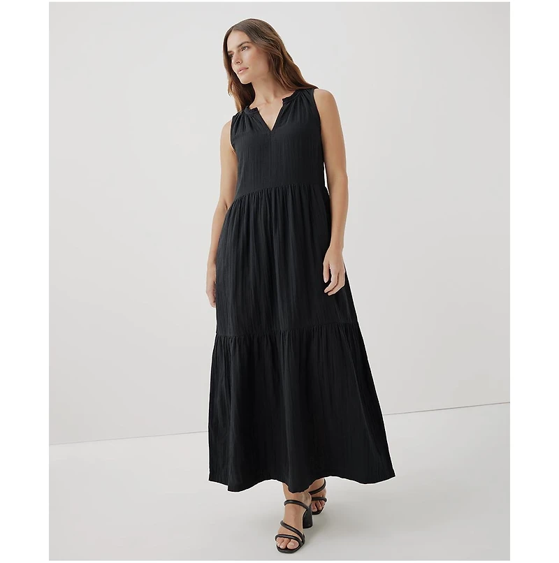 Pact Women's Organic Cotton Coastal Double Gauze Ruffle Maxi Dress