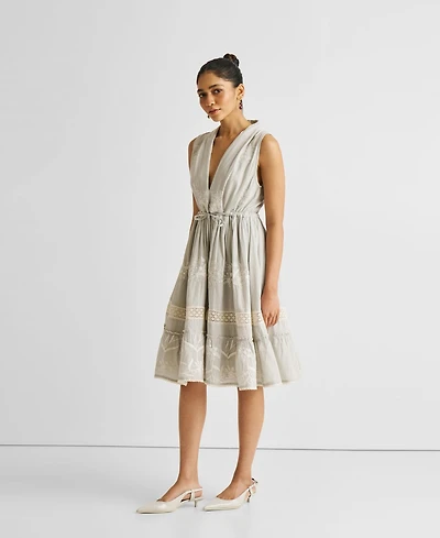 Reistor Women's Embroidered Drawstring Gathered Dress