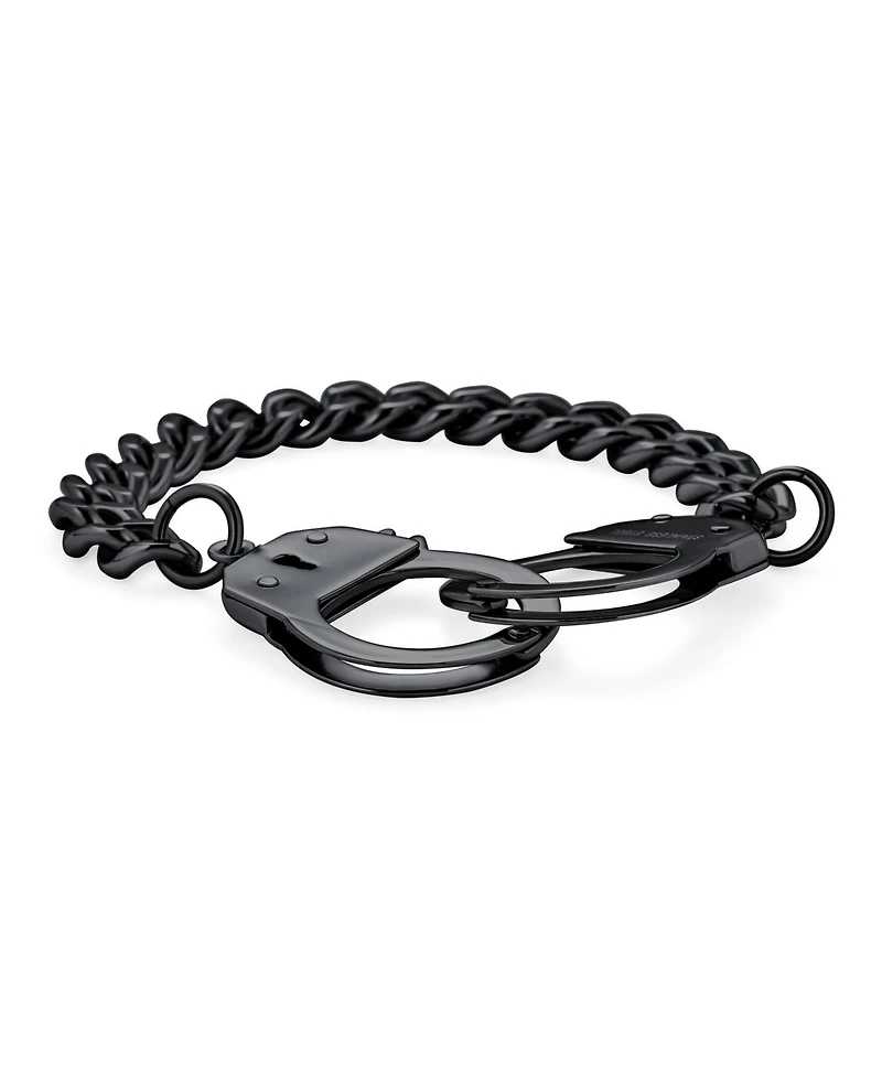 Bling Jewelry Biker Couples Handcuff Statement Bracelet Cuban Curb Chain Black Ip Stainless Steel